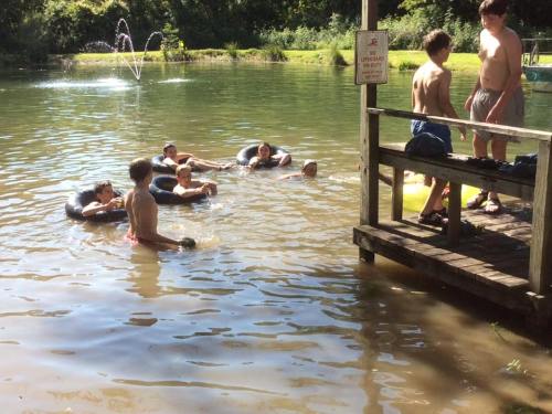 A group of boys swimming and relaxing in a pond, with some on inner tubes and others on a wooden dock.