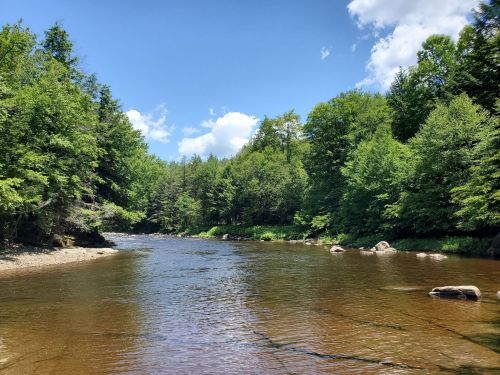 A serene river flows through a lush green landscape under a bright blue sky with fluffy clouds.