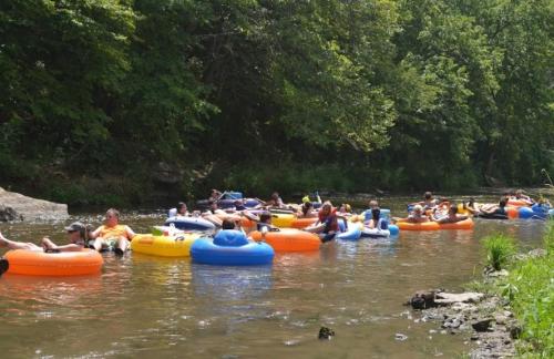 A group of people floating on colorful inner tubes down a calm river, surrounded by lush greenery.