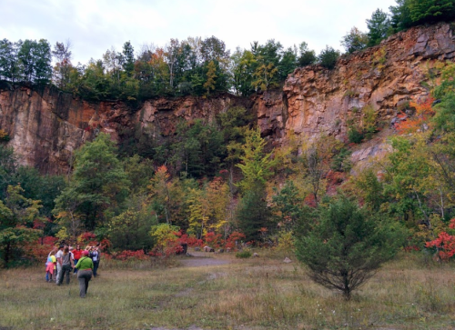 A group of people exploring a colorful forested area near a rocky cliff with autumn foliage.