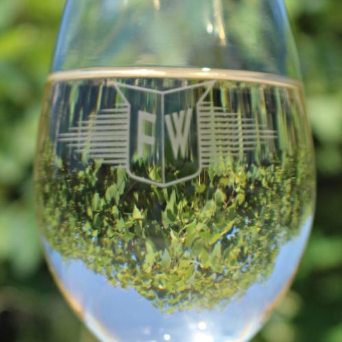 A close-up of a glass of water reflecting greenery, with an engraved logo visible in the glass.
