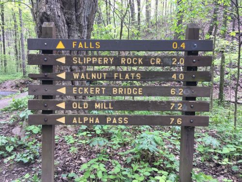 Trail sign with distance markers to various locations: Falls, Slippery Rock Cr., Walnut Flats, Eckert Bridge, Old Mill, Alpha Pass.