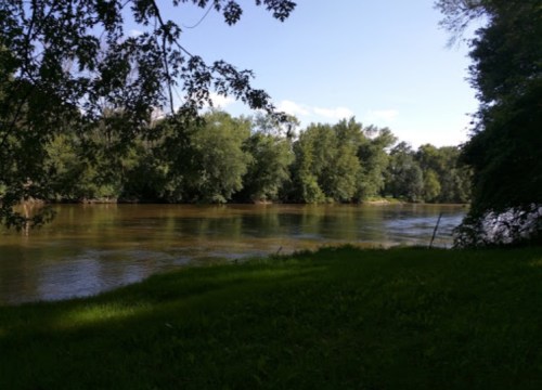 A serene river scene surrounded by lush green trees under a clear blue sky.