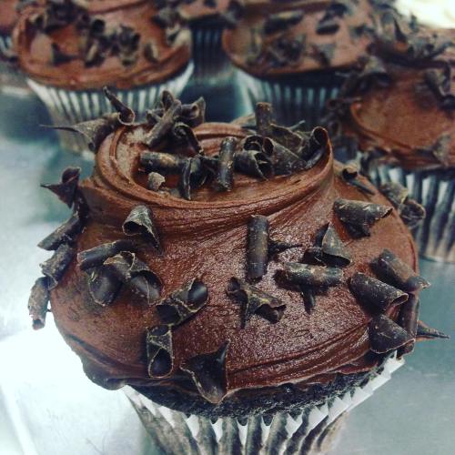 Close-up of a chocolate cupcake topped with rich chocolate frosting and chocolate shavings.