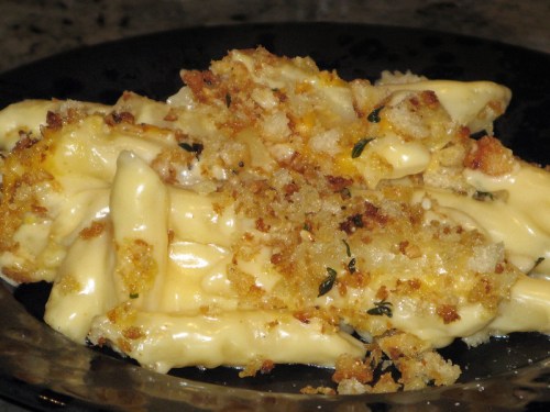 Creamy pasta topped with golden breadcrumbs and herbs, served on a black plate.