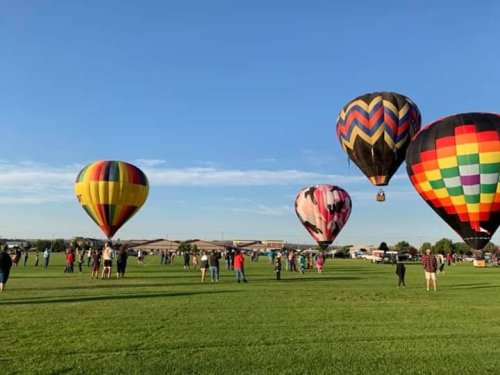 Colorful hot air balloons ascend over a grassy field, with spectators watching under a clear blue sky.