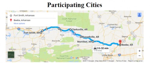 Map showing a route from Fort Smith to Beebe, Arkansas, with Clarksville and Russellville as waypoints.