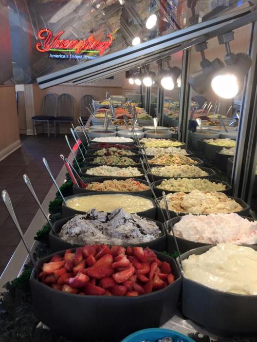 A buffet display featuring various pasta salads, creamy dishes, and fresh strawberries under bright lights.