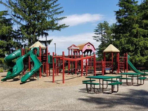 Colorful playground with slides, climbing structures, and picnic tables, surrounded by trees under a clear blue sky.