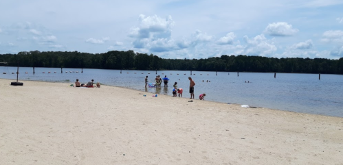 A sandy beach with families enjoying the water, children playing, and people swimming under a partly cloudy sky.