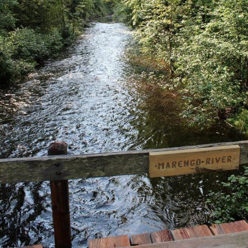 A serene river flows through a lush green forest, with a wooden sign reading "Marengo River" nearby.