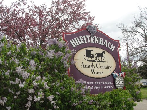 Sign for Breitenbach Amish Country Wines surrounded by blooming flowers and trees, with a cloudy sky above.