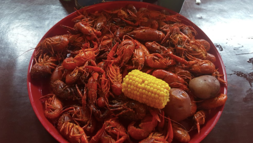 A red platter filled with cooked crawfish, corn on the cob, and potatoes, all seasoned and ready to eat.