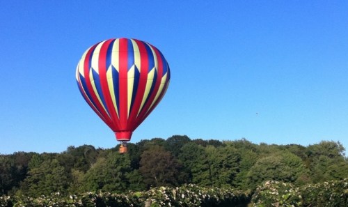 A colorful hot air balloon floats above a lush green landscape under a clear blue sky.