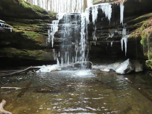 A serene waterfall cascades over mossy rocks, surrounded by icicles and a tranquil pool in a forested area.