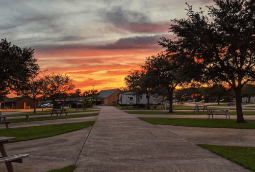 A vibrant sunset casts orange and pink hues over a park with trees, picnic tables, and a pathway.