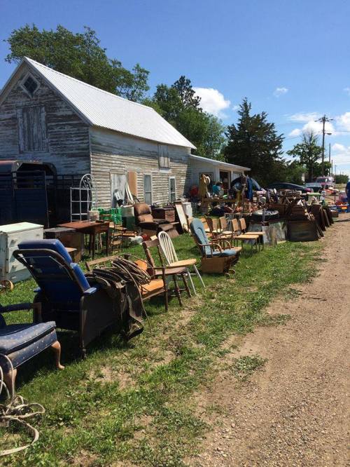 A row of various vintage chairs and furniture for sale outside a rustic building on a sunny day.