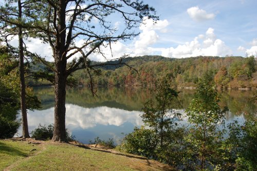 A serene lake surrounded by trees, reflecting clouds and mountains under a clear blue sky.