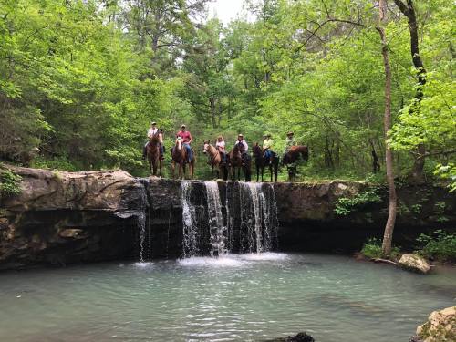 A group of six people on horseback stands on a rocky ledge above a small waterfall in a lush green forest.