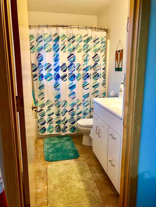 A bathroom with a colorful shower curtain, a toilet, and a sink with white cabinets, featuring blue and green accents.
