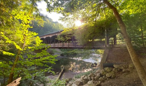 A wooden covered bridge spans a serene river, surrounded by lush green trees and dappled sunlight.