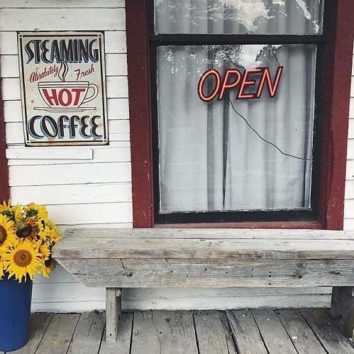 A cozy café window with an "OPEN" neon sign and a sign for fresh coffee, adorned with a bouquet of sunflowers.