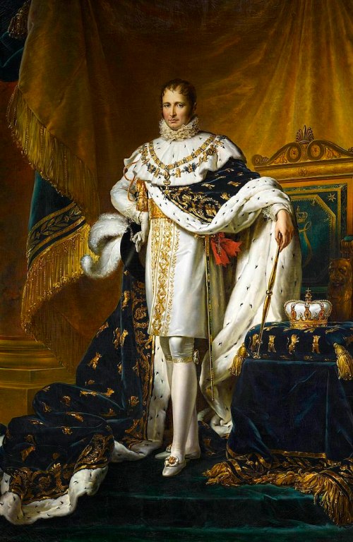 A regal figure in elaborate royal attire, adorned with a crown and cape, stands confidently against a rich backdrop.