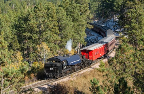 A vintage steam locomotive with a red passenger car travels through a forested area, surrounded by tall pine trees.