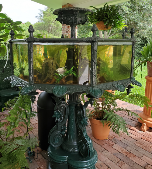 A decorative, vintage-style fountain with a glass aquarium at the center, surrounded by lush greenery and potted plants.