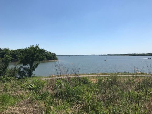 A serene view of a lake surrounded by greenery under a clear blue sky.
