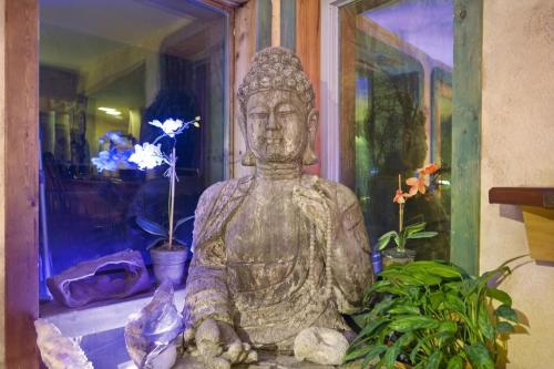 A serene Buddha statue surrounded by potted flowers and plants, illuminated by soft, colorful lighting.
