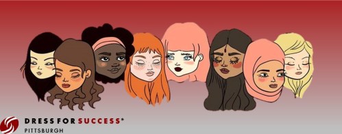 Illustration of diverse women’s faces, showcasing various hairstyles and expressions, with "Dress for Success Pittsburgh" logo.