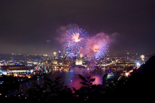 Colorful fireworks illuminate the night sky over a city skyline and river, reflecting vibrant colors on the water.