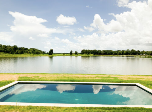 A serene pool reflects clouds and trees, overlooking a calm lake under a bright blue sky.
