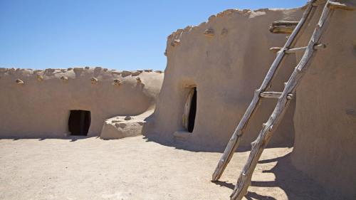 Adobe-style structure with a wooden ladder against the wall, set in a sandy area under a clear blue sky.