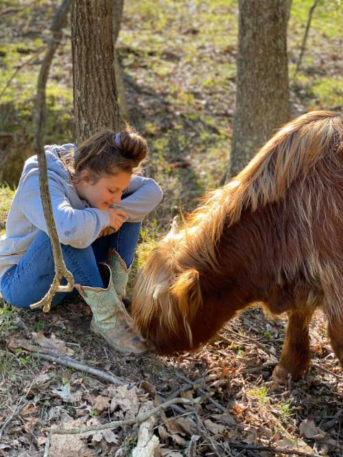 A girl sits on the ground, leaning towards a small brown pony in a wooded area, surrounded by grass and trees.