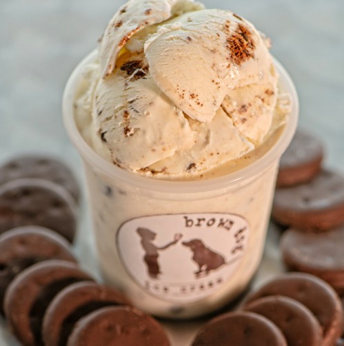 A cup of creamy ice cream topped with scoops, surrounded by chocolate cookies.