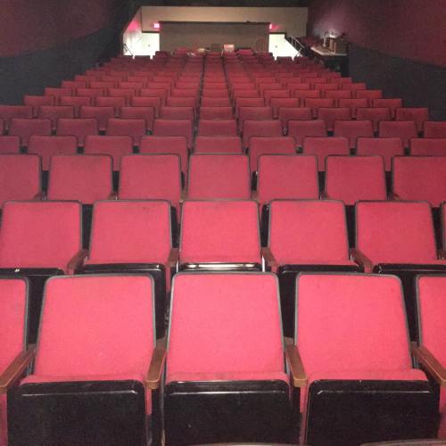 Empty theater with rows of red seats facing a dimly lit screen.