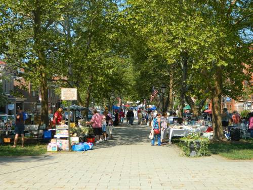 A bustling outdoor market lined with vendors and shoppers under tall trees on a sunny day.
