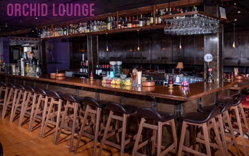 A stylish bar with wooden stools, colorful drinks, and a variety of liquor bottles on shelves, labeled "Orchid Lounge."