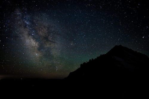A starry night sky with the Milky Way visible above a dark mountain silhouette.