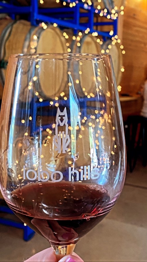 A close-up of a wine glass filled with red wine, with blurred wine barrels and string lights in the background.