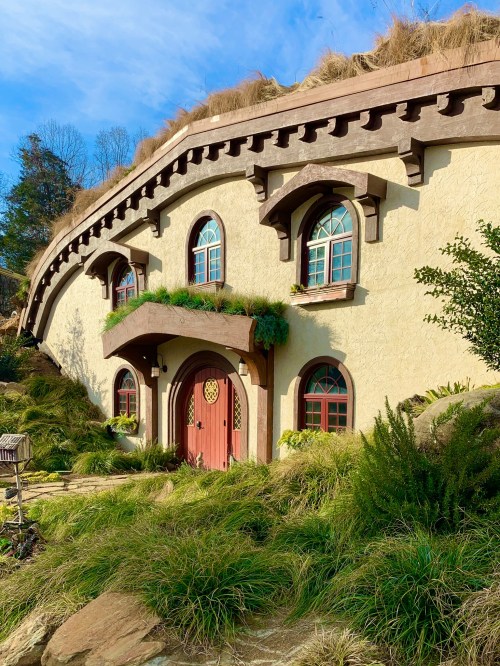 A whimsical, round cottage with a thatched roof, surrounded by lush greenery and colorful plants under a blue sky.