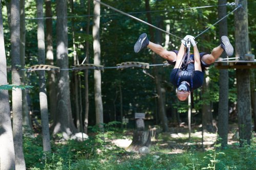 A person zip-lining through a forest, hanging upside down with a harness, surrounded by trees and greenery.