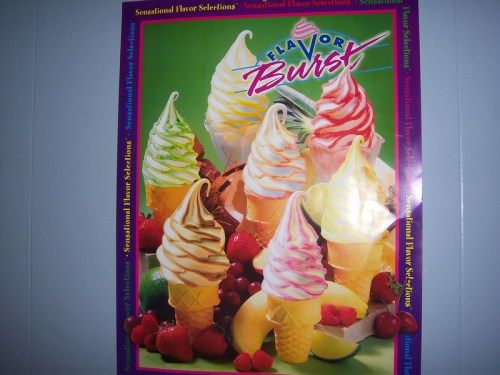 A colorful poster featuring various swirled ice cream cones with fruits in the background.