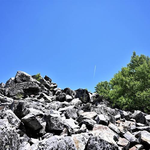 A rocky landscape under a clear blue sky, with a few trees in the background and a faint contrail above.