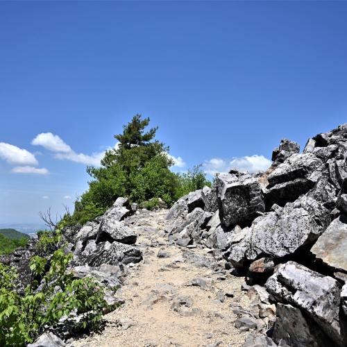 A rocky path leads through boulders and greenery under a clear blue sky with a few clouds.