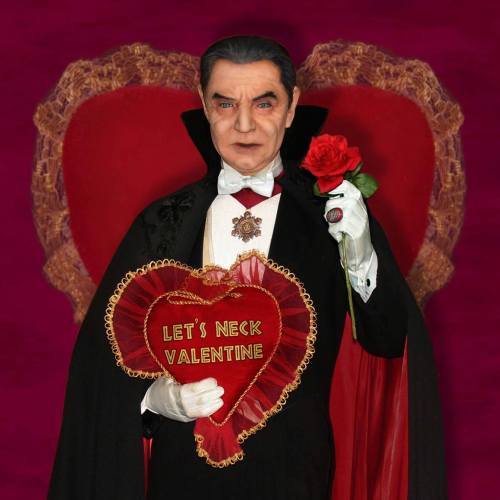 A vampire in a cape holds a heart-shaped box and a rose, with a playful message: "Let's Neck Valentine."