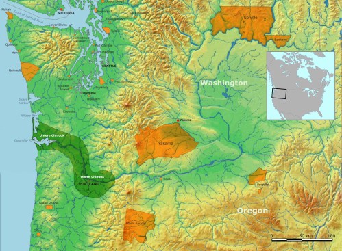 Topographic map of Washington and Oregon, highlighting Yakima and surrounding areas, with an inset map of North America.