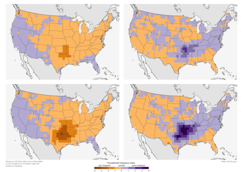 Maps showing the influence of ENSO on tornado frequency across the U.S., with varying shades of orange and purple.